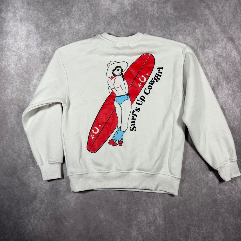 Bailey Rose Surfing Cowgirl Graphic Sweatshirt White XS Comfy Coastal Retro